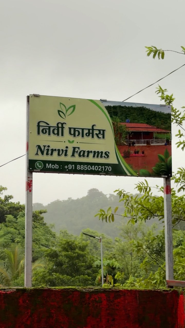 Nirvi Farms entrance sign with misty green hills backdrop